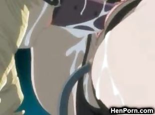 Water filled stomach and anal dildo filled anime abusement