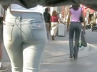 Taut grey pants on the street candid ass video