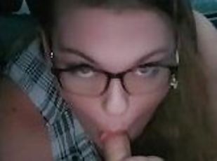 Sexy bbw milf in glasses sucks dick deepthroat in car cum on face