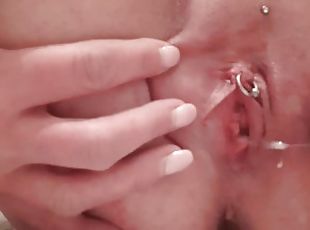 Two Dildos masturbate and Huge Orgasm and Pierced Clit rubbing and Creampie