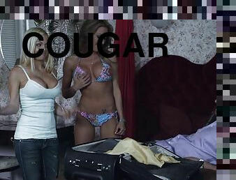 Sexy cougar with big fake tits getting her pussy and asshole licked in her bedroom