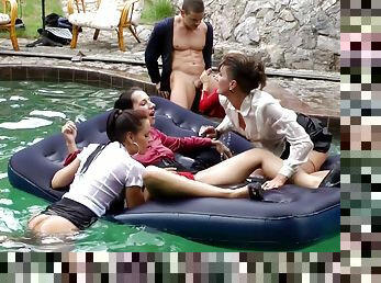 Pool party takes an erotic turn to a rough group sex in a reality shoot