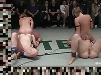 Tag team wrestling match ends in pussy eating