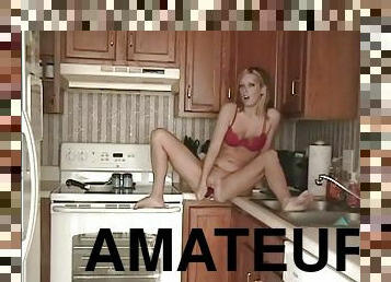 Homemade video shoot with lovely amateur masturbating on the kitchen counter