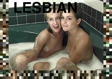Naked models from lingerie fashion show posing in a hotel after the runway show - Lesbian
