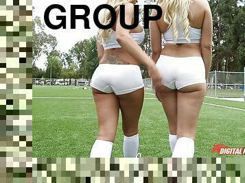 Sporty hotties have group sex in the gym with a couple of hunks