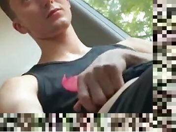 Teen jerks off on the bus and makes a huge load of cum on the front seat, tries to wash himself and eat the cum