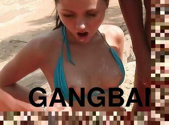 Teen Brunette Getting Gangbanged By Three fat Cocks At The Beach