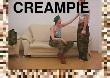Spunky army girl has her ass creampied after a doggy style humping