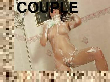 Oriental slut takes a shower after pleasing a long boner