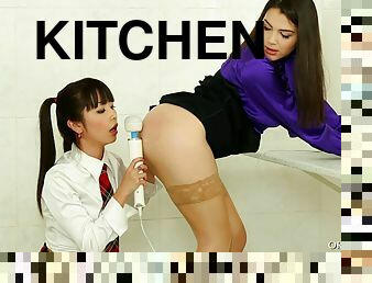 Alluring horny teens opted for a vibrator in the kitchen.