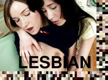 Two lewd lesbians share a dildo after licking each other's vags