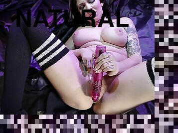 Big natural tits pornstar Angel Blaze plays solo with a vibrator