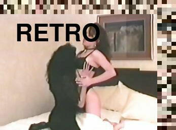 Two brunette chicks have wild threesome sex in retro video