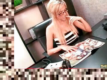 Blonde in glasses masturbates in office