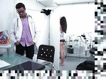 Horny doctor talks a naughty patient into playing with his dick