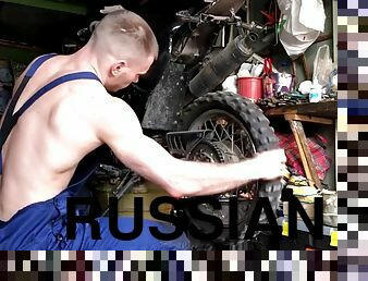 Russian MECHANIC repairs a MOTORCYCLE in the garage, gets excited and FUCKS silicone ass