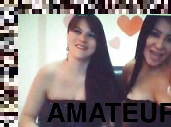 Two chubby amateur brunettes go lesbian in webcam video