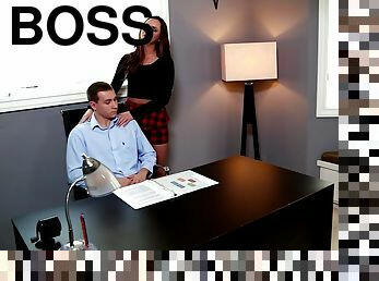 A boss lifts up his secretary's skirt and fucks her on his desk in the office