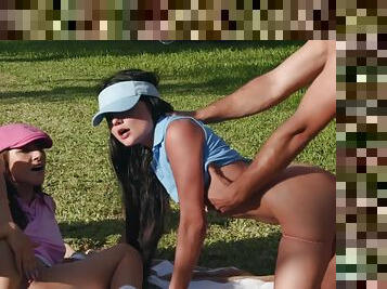 Golf course threeway bang for sporty divas Jade Amber and Adria Rae