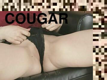 Thong-clad cougar with long dark hair enjoying an awesome vibrator fuck