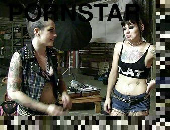 Hot punker girls with mohawks play around backstage