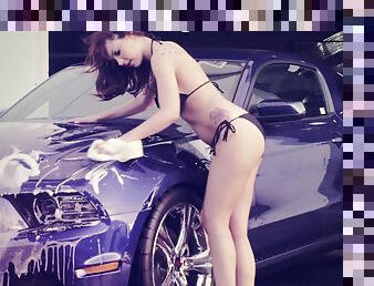 Lesbian babes in bikini outdoor get soapy while car washing