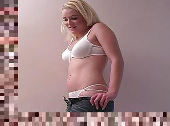 Chubby blonde takes off her clothes for an amazing blowjob session