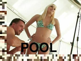 Slim blonde Lena Cova enjoys hot DP near an indoor pool