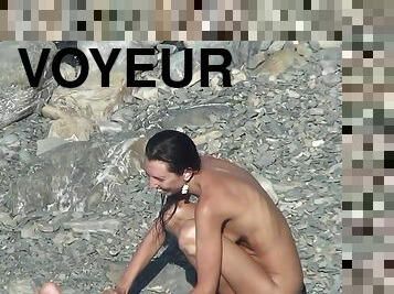 nudists, ārā, kamera, pludmale, voyeur, naturāls, paslēpts, pozēt