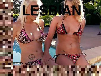Heather Starlet and Stevie Shae have some lesbian fun on the poolside