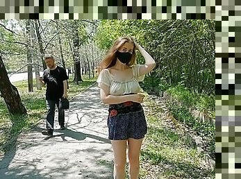 Hot teen walks without panties and flashes tits and bare butt to strangers