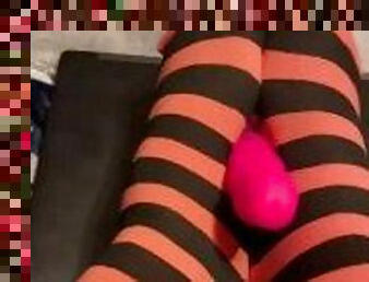 Playing with my body and cumming in my striped tights