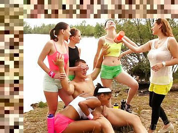 Fit athletic teen sluts having group sex outdoors with a lucky guy