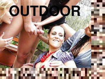 Adorable babes on heat get roughly nailed by cocky chaps outdoors in a close up shoot