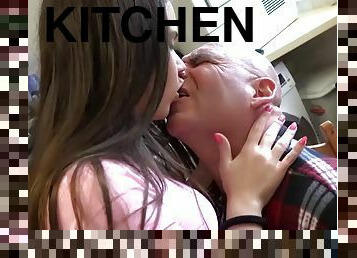 Sweet teen fucks old cook kitchen swallowing