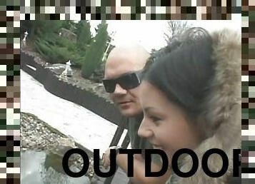 Slim brunette gets a good ass fucking outdoors from a bald guy