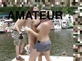 Lewd babes get undressed at a kinky bikini party on the lake