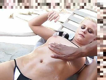 Bikini Wearing Babe Gets Oiled Up and Fucked by the Pool