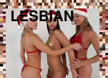 Three cute Santa girls enjoy licking each other's hot pussies