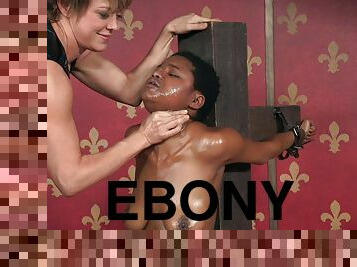 Naughty ebony slag chokes on a big toy and a throbbing member