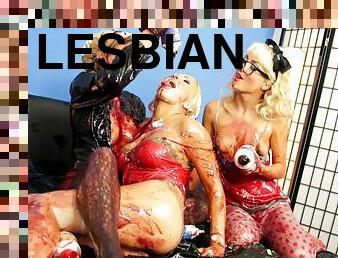Messy lesbians pour coloured fluid  in their genitals and asses in a romantic treat