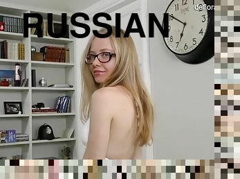 Russian nerd alexandra ochkarik shows virgin pussy on interview