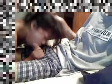 Tattooed amateur girlfriend blows him on webcam