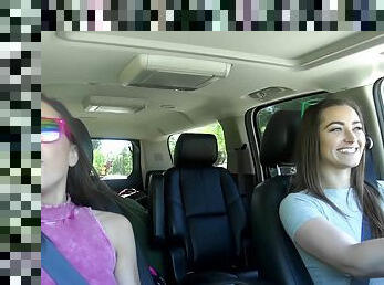 Busty teens having an amazing lesbian adventure inside the car