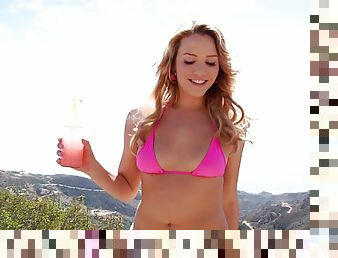 Mia Malkova wearing a bikini gives a blowjob and gets her vag smashed