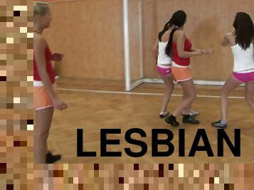 Lesbians enjoy foursome with masturbation and fingering on the court