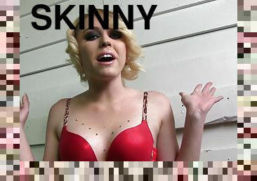 Skinny light-haired skank Miley May demonstrates her body