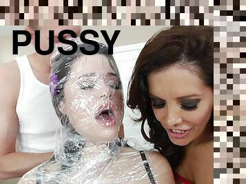 Kinky girl is wrapped in plastic and fucked in the mouth and pussy