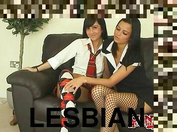 Two sexy brunettes in stockings go lesbian in hardcore toying vid